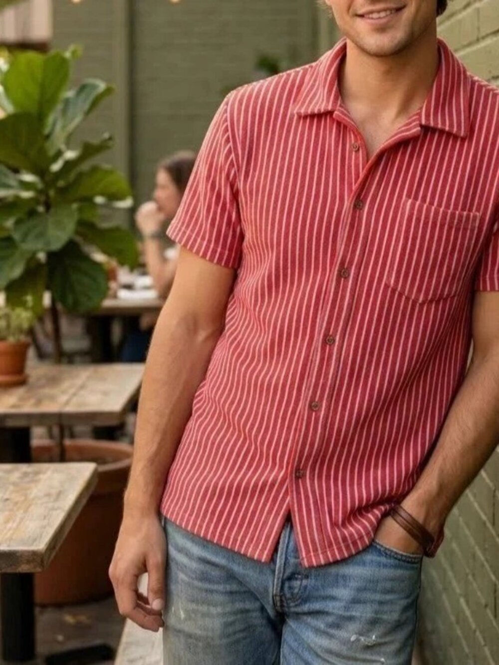 Criquet Terrycloth Striped Buttondown Men's Shirt Shorts Sleeve Red L 290270